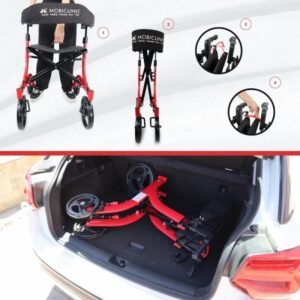 Andador de cuatro ruedas grandes, plegable con asiento, respaldo y cesta delantera INVICTO X
